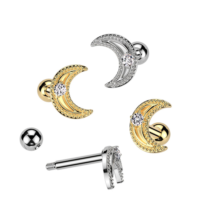 Crescent Moon With CZ Center 316L Surgical Steel Cartilage And Tragus Barbell Stud
