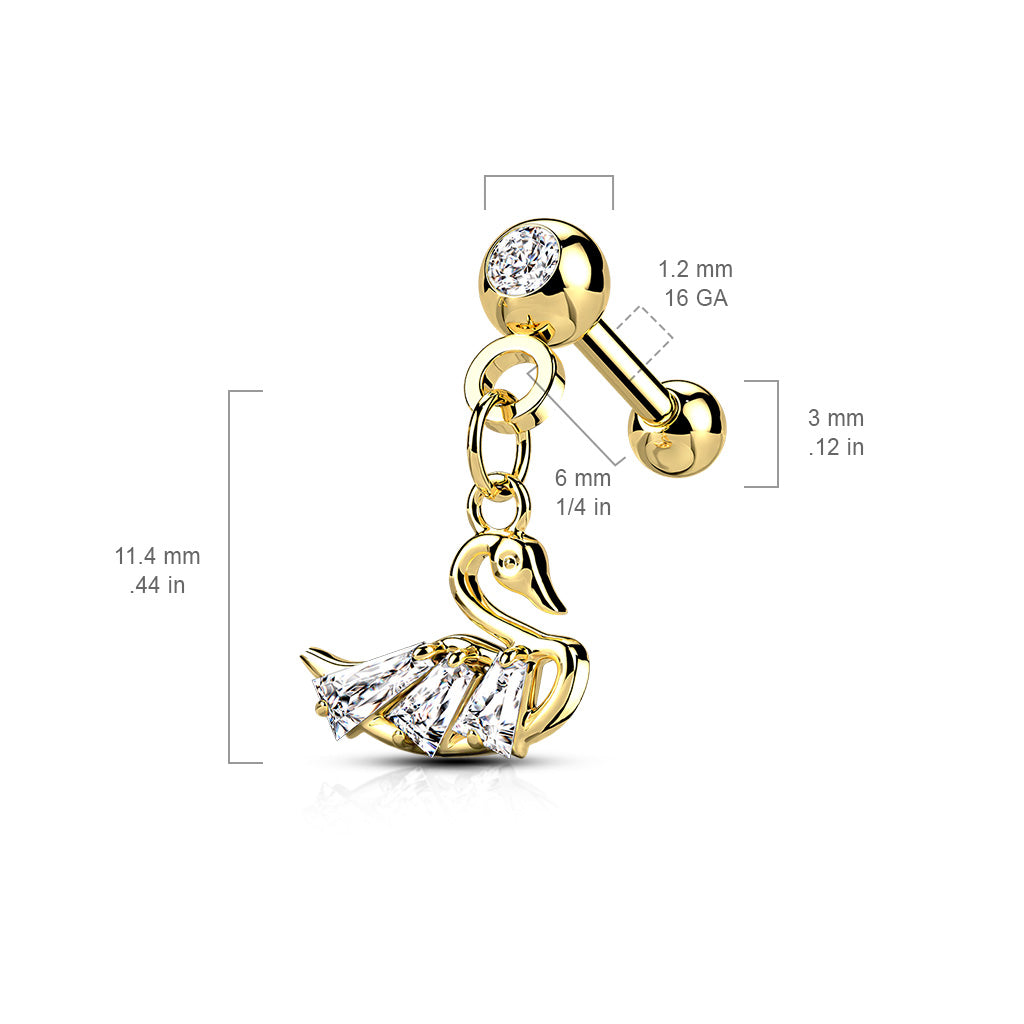CZ Pressed Ball with CZ Swan Dangle 316L Surgical Steel Cartilage, Tragus Barbell Studs size chart