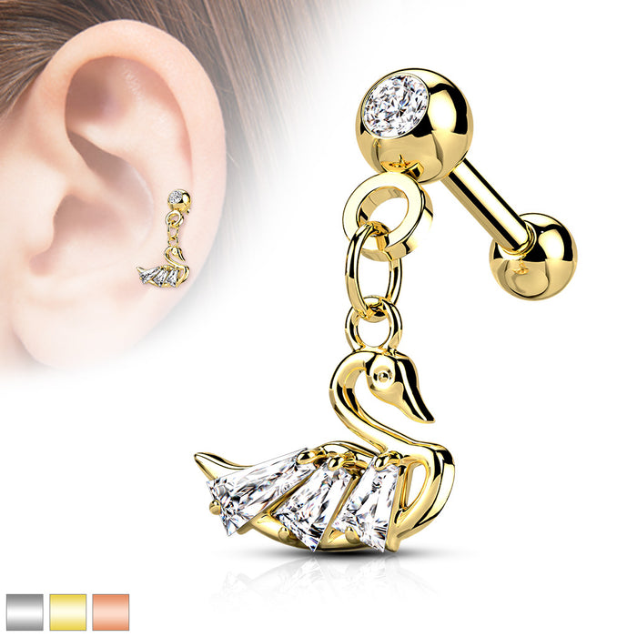 CZ Ball With CZ Swan Dangle 316L Surgical Steel Cartilage Tragus Barbell Studs