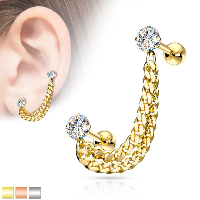 Double Chain Linked Prong Set CZ 316L Surgical Steel Cartilage Barbell