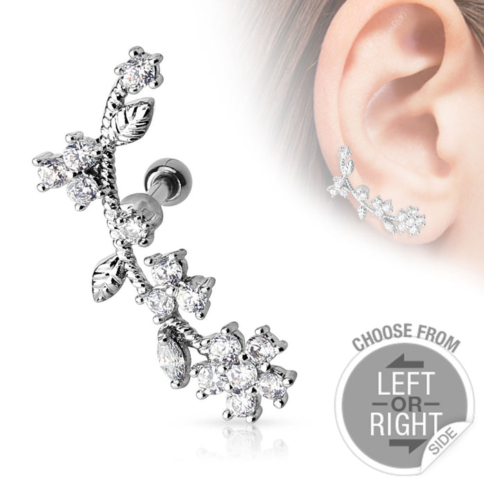 Flower Vine With CZs Cartilage Tragus Barbell