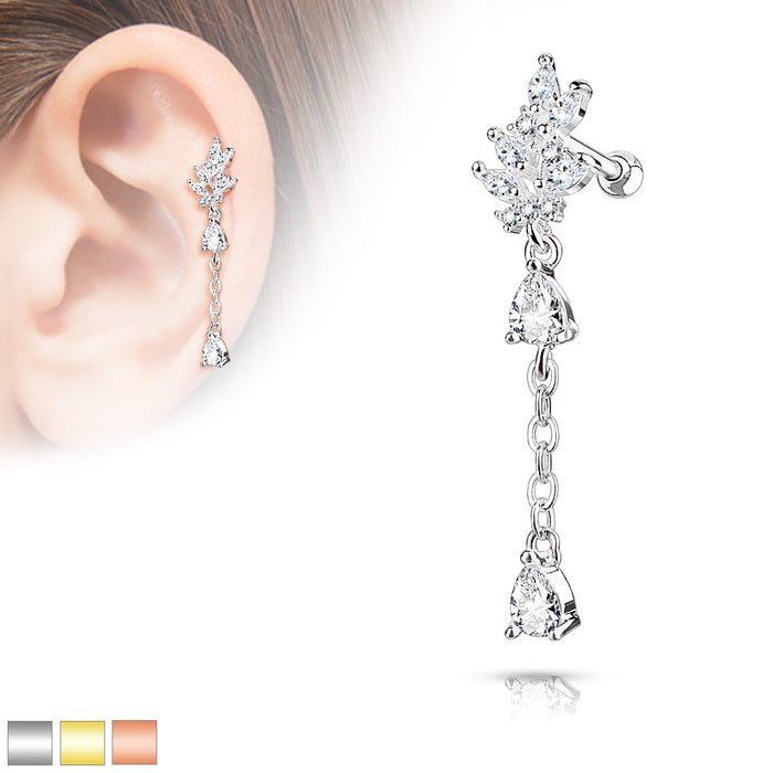CZ Cluster Leaf With Long Chain Pear CZ Dangle 316L Steel Cartilage Tragus Stud