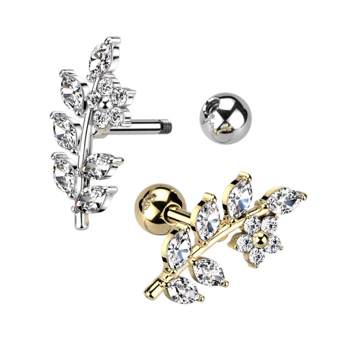 CZ Flower And Vine Top 316L Surgical Steel Cartilage Barbells