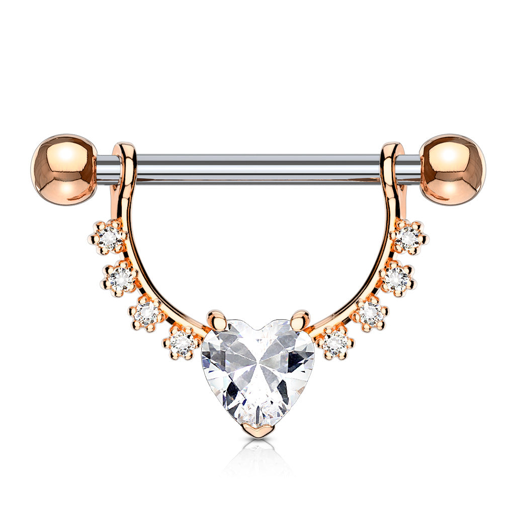Heart CZ Center with Lined Prong Set CZs Dangle 316L Surgical Steel Nipple Rings - Rose Gold/Clear