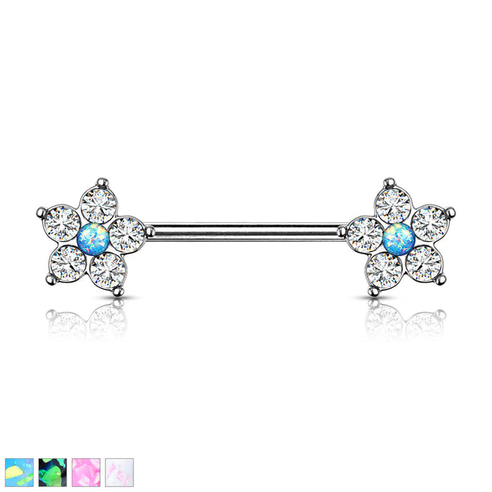 5 CZ Flower With Opal Glitter Center 316L Surgical Steel Nipple Barbell Rings