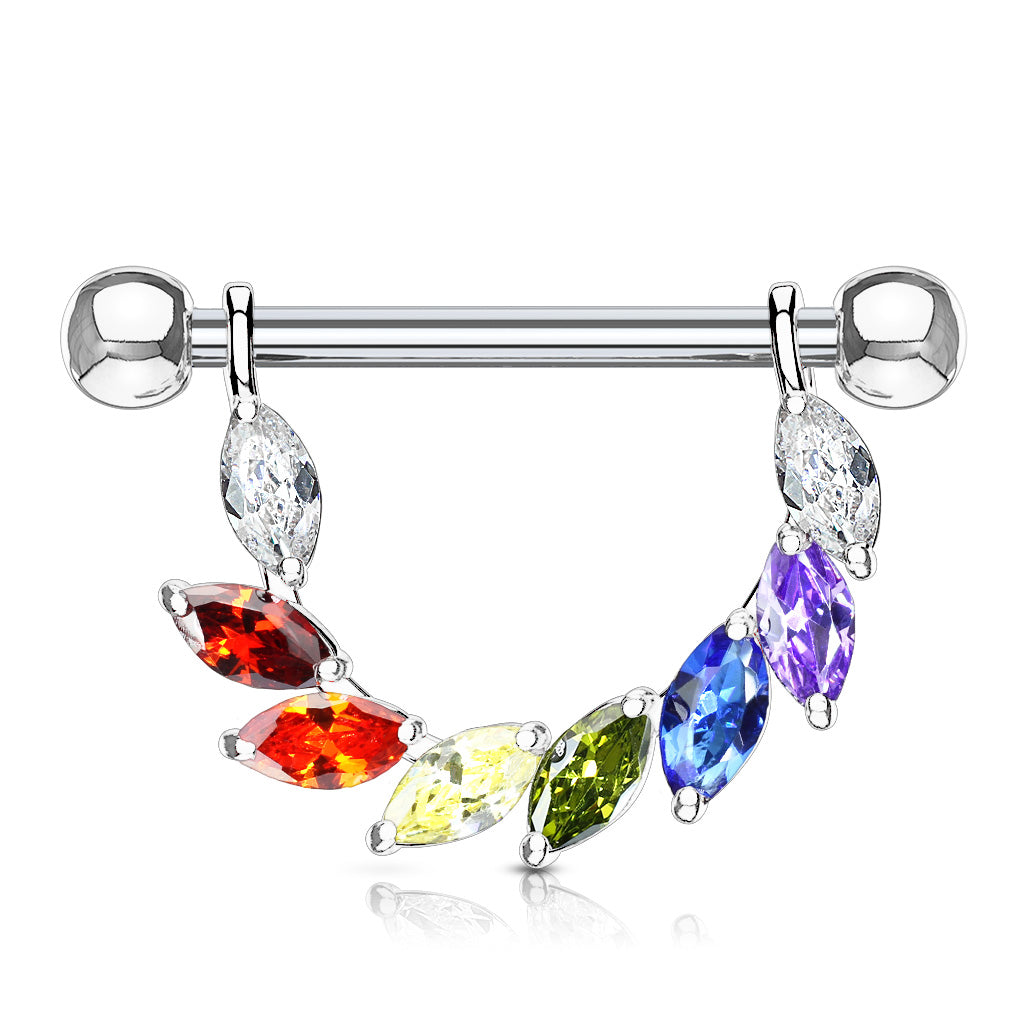 Marquise CZ Bridge Dangle Nipple Ring With 316L Surgical Steel Barbell - Rainbow