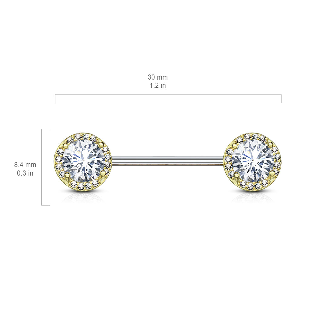 Round Cz Center With Cz Paved Around Ends 316L Surgical Steel Nipple Barbell Rings size chart