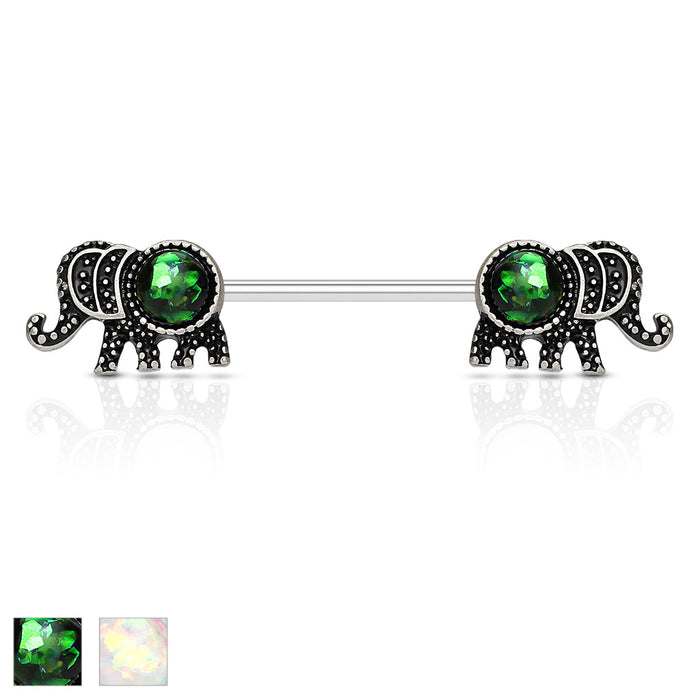 Elephant With Opal Glitter Set 316L Surgical Steel Nipple Barbells