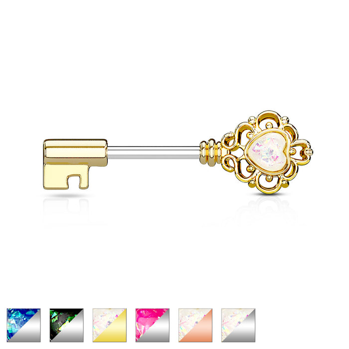 Opal Glitter Heart Filigree Vintage Key 316L Surgical Steel Nipple Barbell