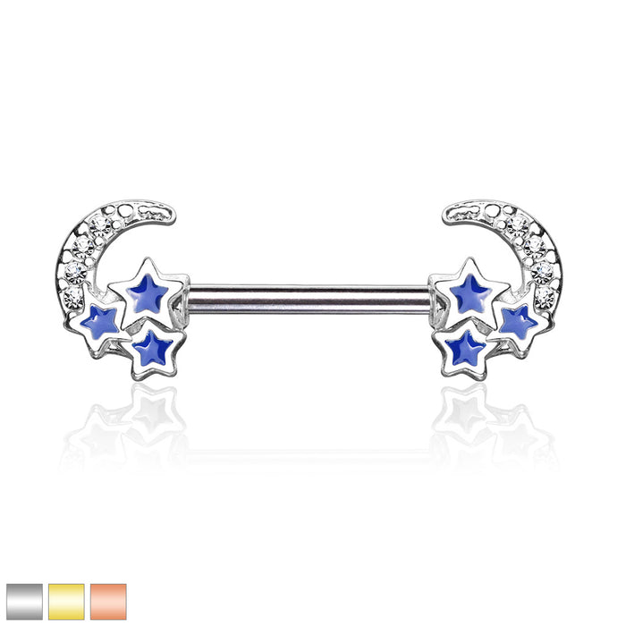 CZ Paved Crescent Moon With 3 Blue Stars 316L Surgical Steel Nipple Barbell