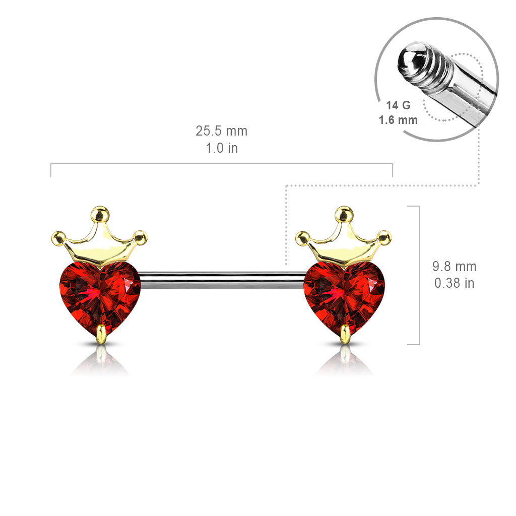 Heart Cz With Crown 316L Surgical Steel Barbell Nipple Rings size chart