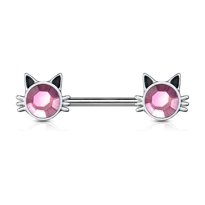 Cat With Pink Stone Set Ends 316L Surgical Steel Nipple Barbell Rings