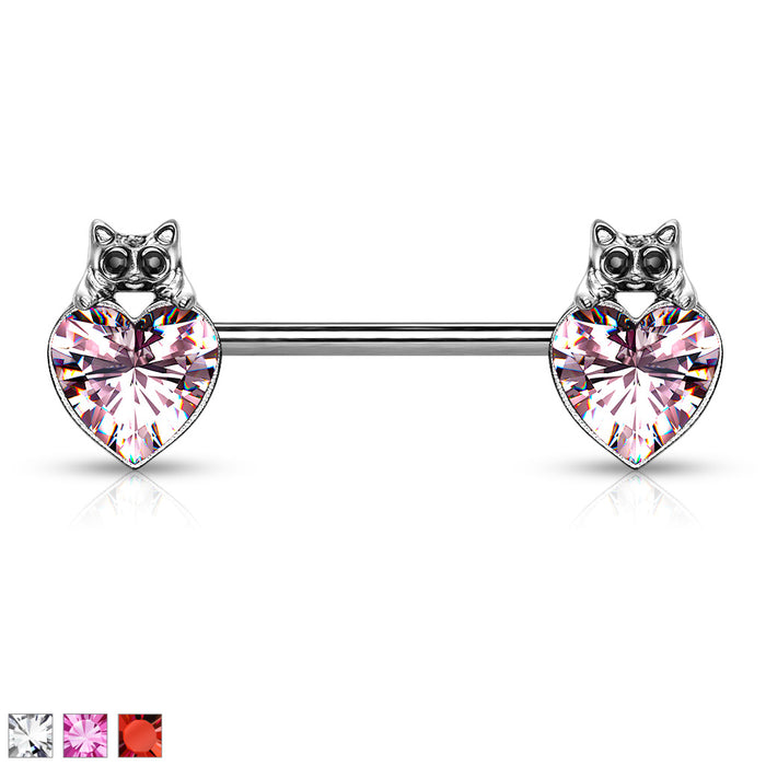 Black Crystal Eyed Cat Over Crystal Heart 316L Surgical Steel Nipple Barbell