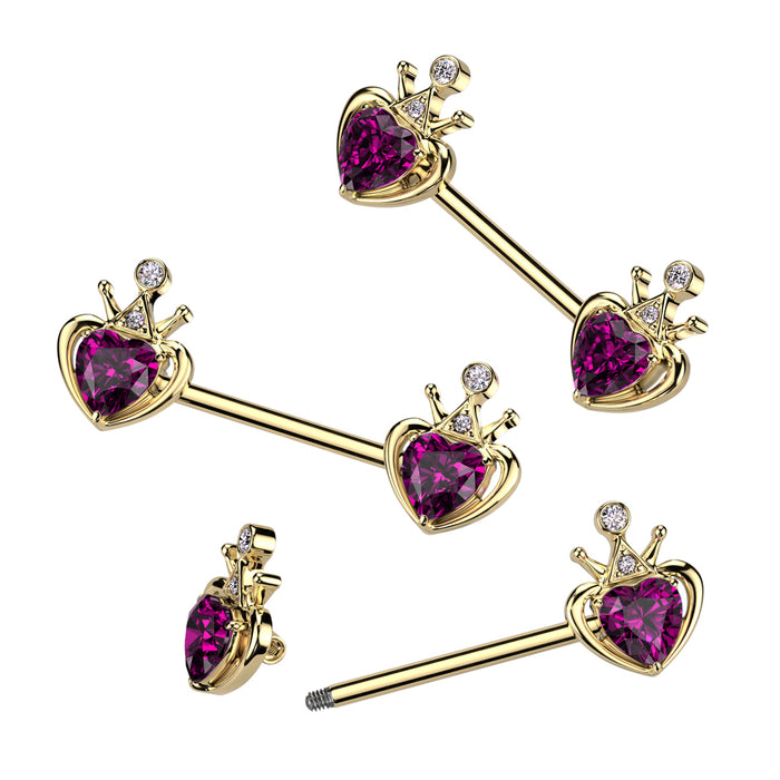 Gold PVD 316L Surgical Steel Nipple Barbell With Crown And Pink Gem Heart Ends