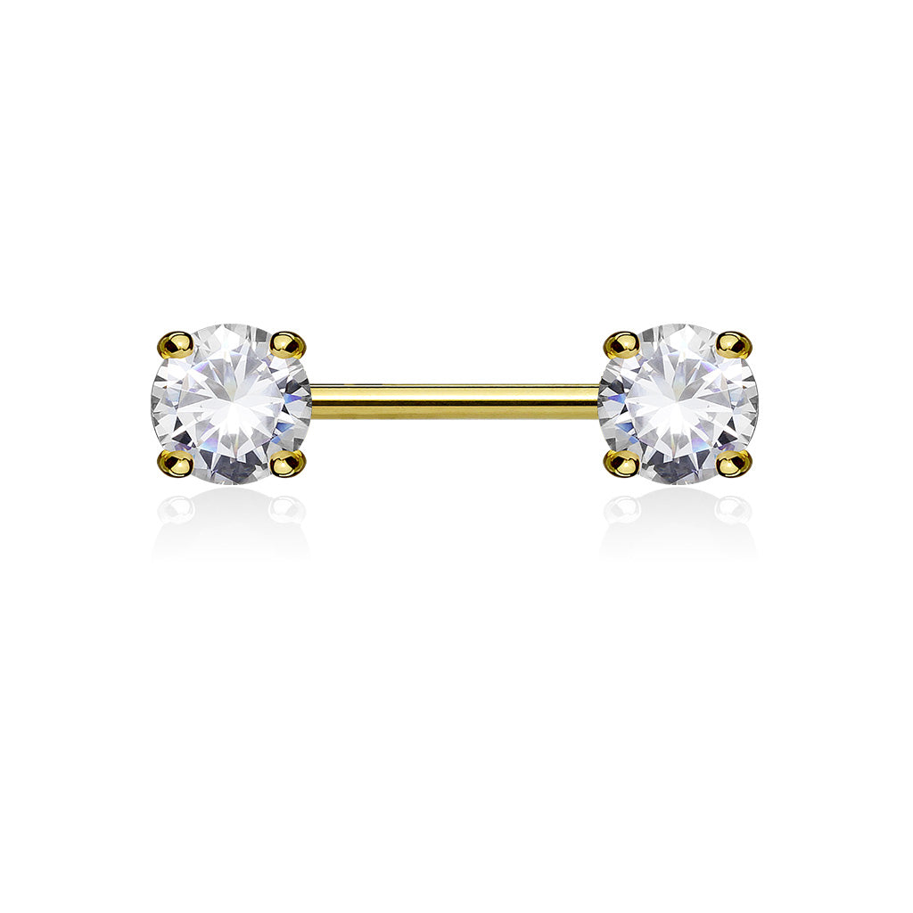 Double Front Facing Round Prong Set CZs 316L Surgical Steel Nipple Bar - Gold/Clear