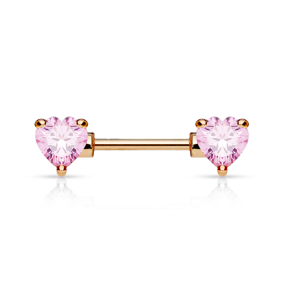 Double Front Facing Heart CZ Prong Set 316L Surgical Steel Nipple Bar - Rose Gold/Pink