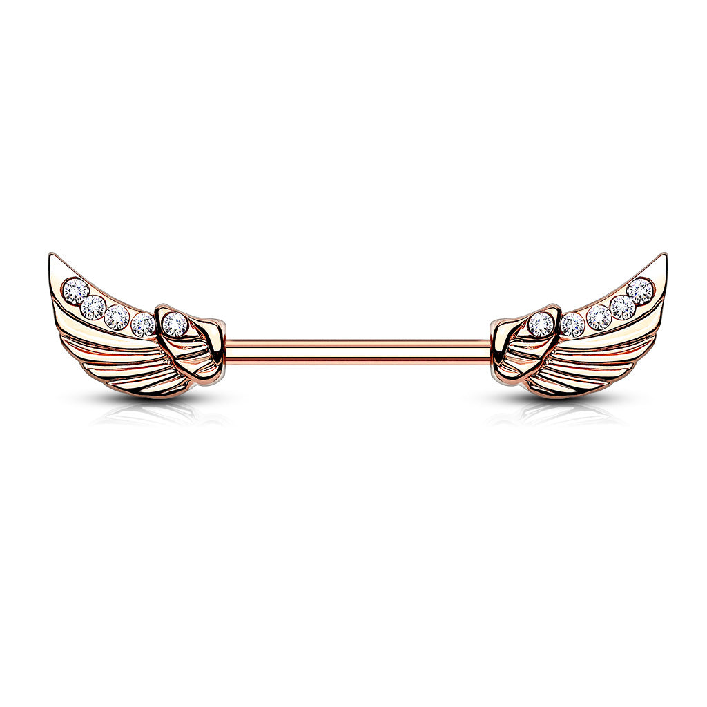 Angels Wings with Lined CZs 316L Surgical Steel Nipple Bar - Rose Gold/Clear