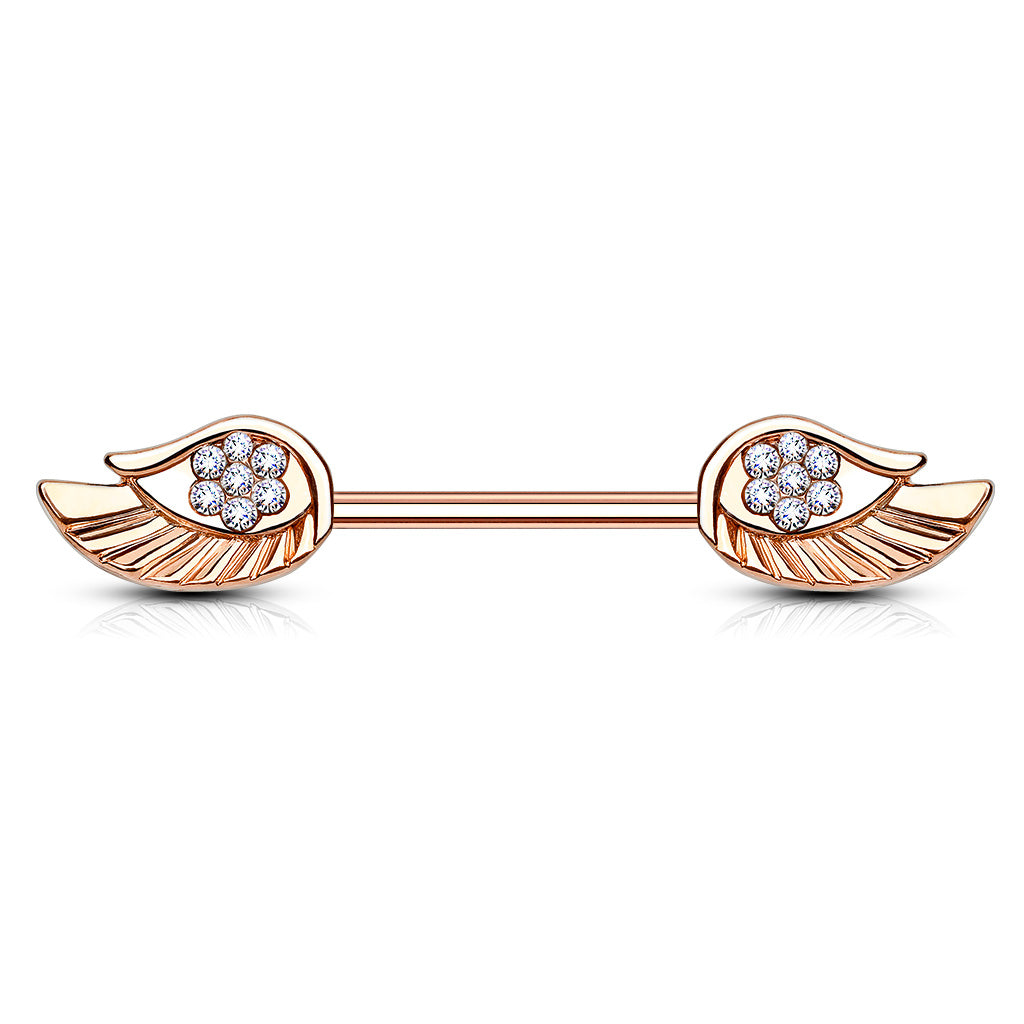 Angel Wings With Paved Cz 316L Surgical Steel Nipple Bar - Rose Gold/Clear