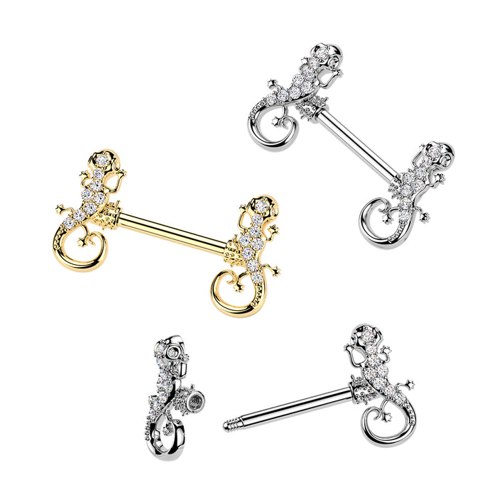 316L Surgical Steel Nipple Barbell With CZ Pave Gecko
