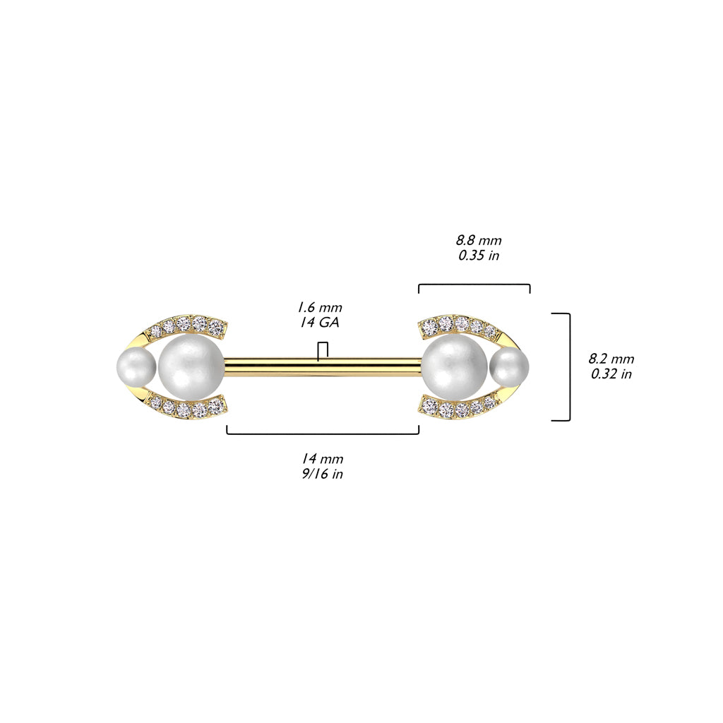 316L Surgical Steel Nipple Barbell With Double Pearl and Pave CZ Horseshoe Edge size chart