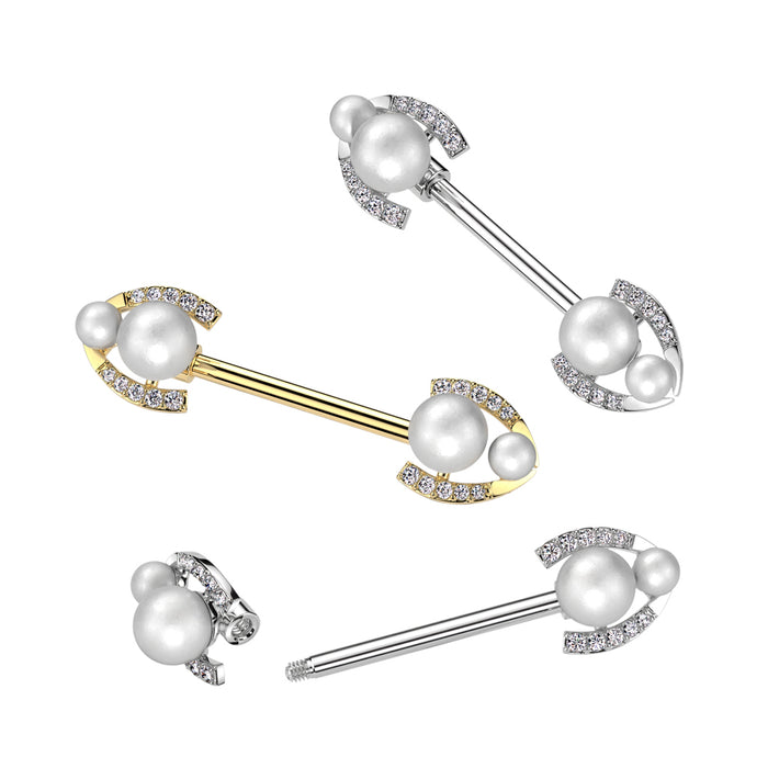 316L Surgical Steel Nipple Barbell With Double Pearl And Pave CZ Horseshoe Edge