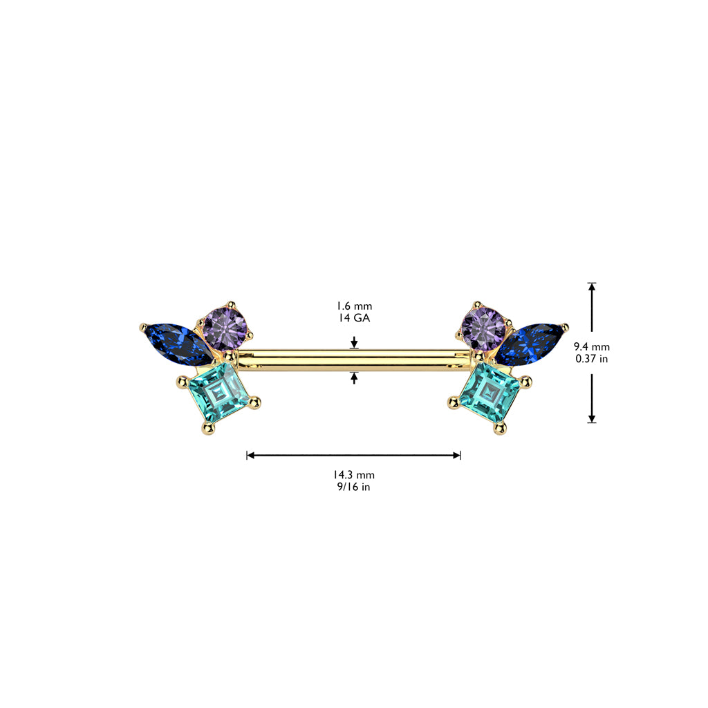 316L Surgical Steel Nipple Barbell With Different Shape Multicolored Cz Ends size chart