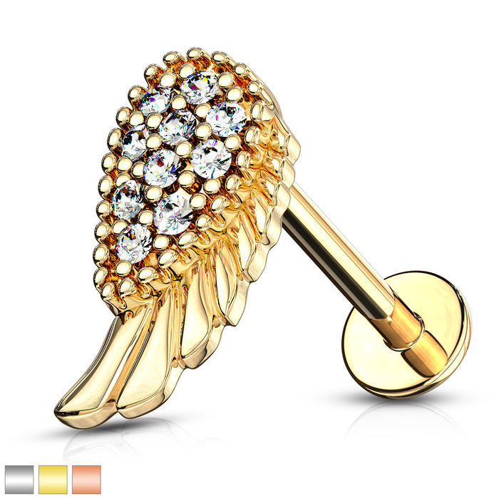 CZ Paved Angel Wing Internally Threaded 316L Surgical Steel Labret Stud