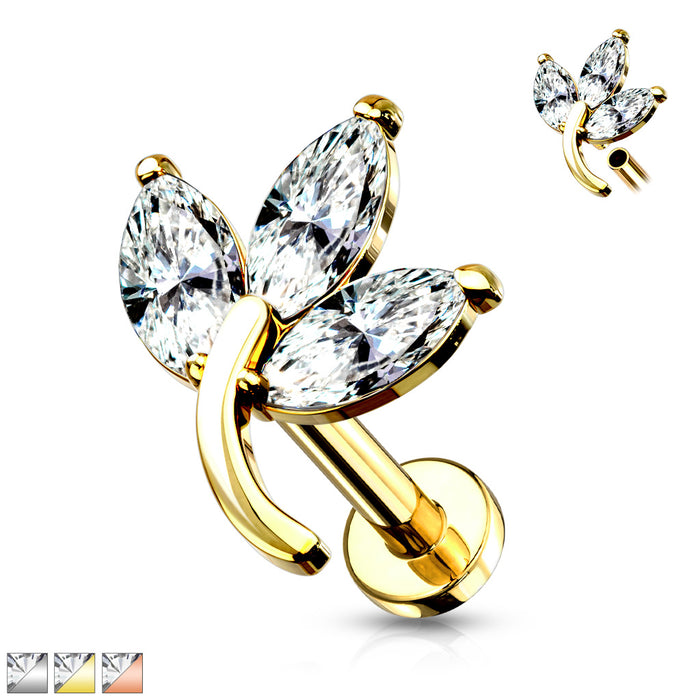 3 Marquise CZ Leaf Internally Threaded 316L Surgical Steel Flat Back Studs