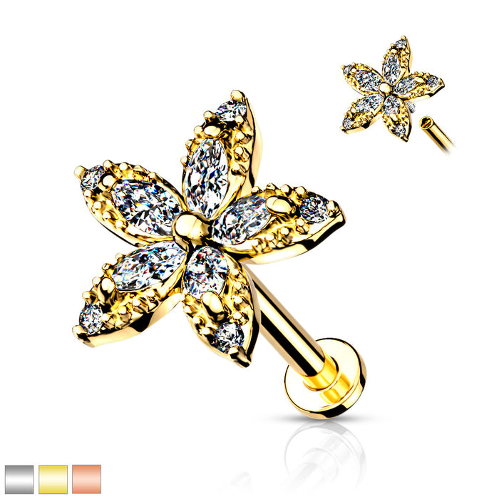 Marquise CZ Flower Internally Threaded 316L Surgical Steel Flat Back Studs