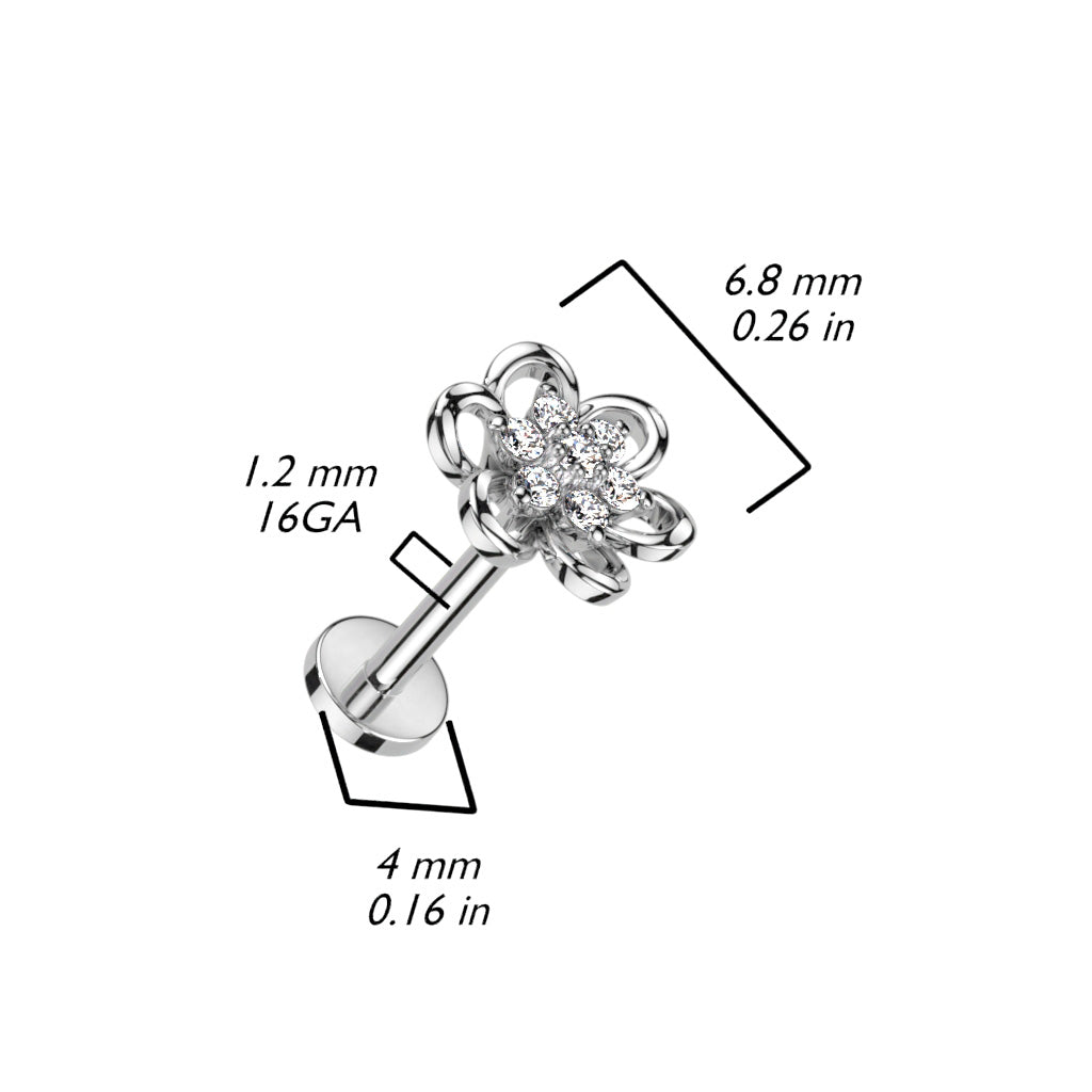 Hollow Flower With CZ Center Top 316L Surgical Steel Internally Threaded Labret, Flat Back Stud size chart