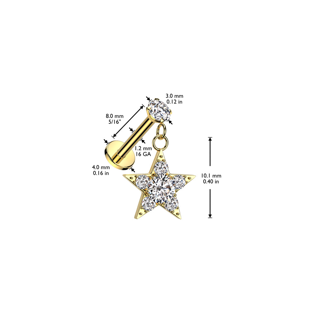 316L Surgical Steel Internally Threaded Round Prong Set CZ Top With CZ Star Dangle Labret, Flat Back Stud size chart