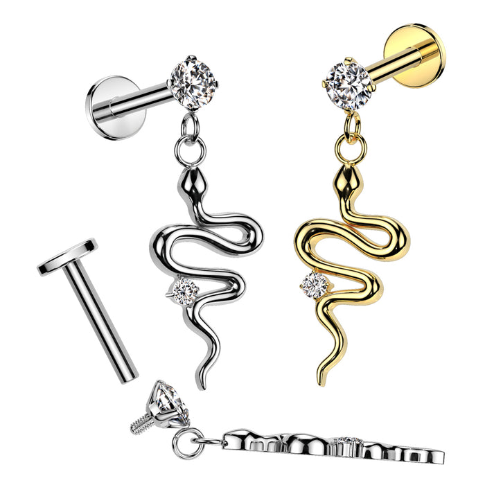 316L Surgical Steel Internally Threaded CZ Top With Snake Dangle Labret Stud
