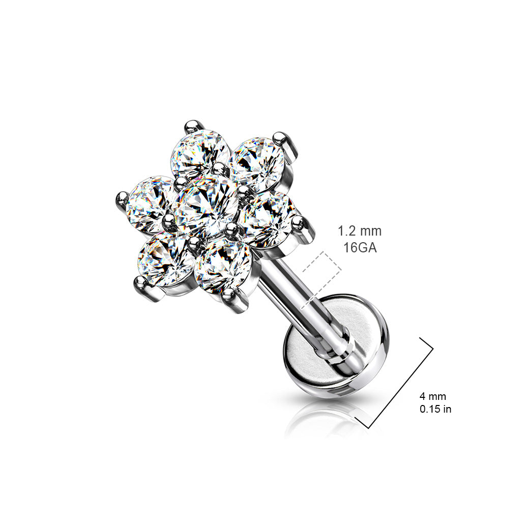 316L Internally Threaded Flat Back Labret With Pave Round Cz Flower Top size chart