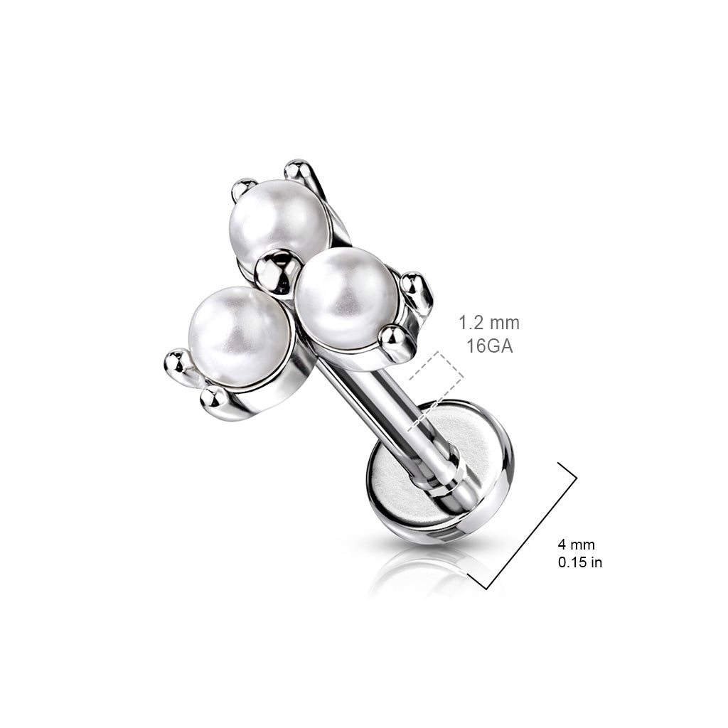 316L Internally Threaded Flat Back Labret with Pearl Prong Set Trinity Top size chart