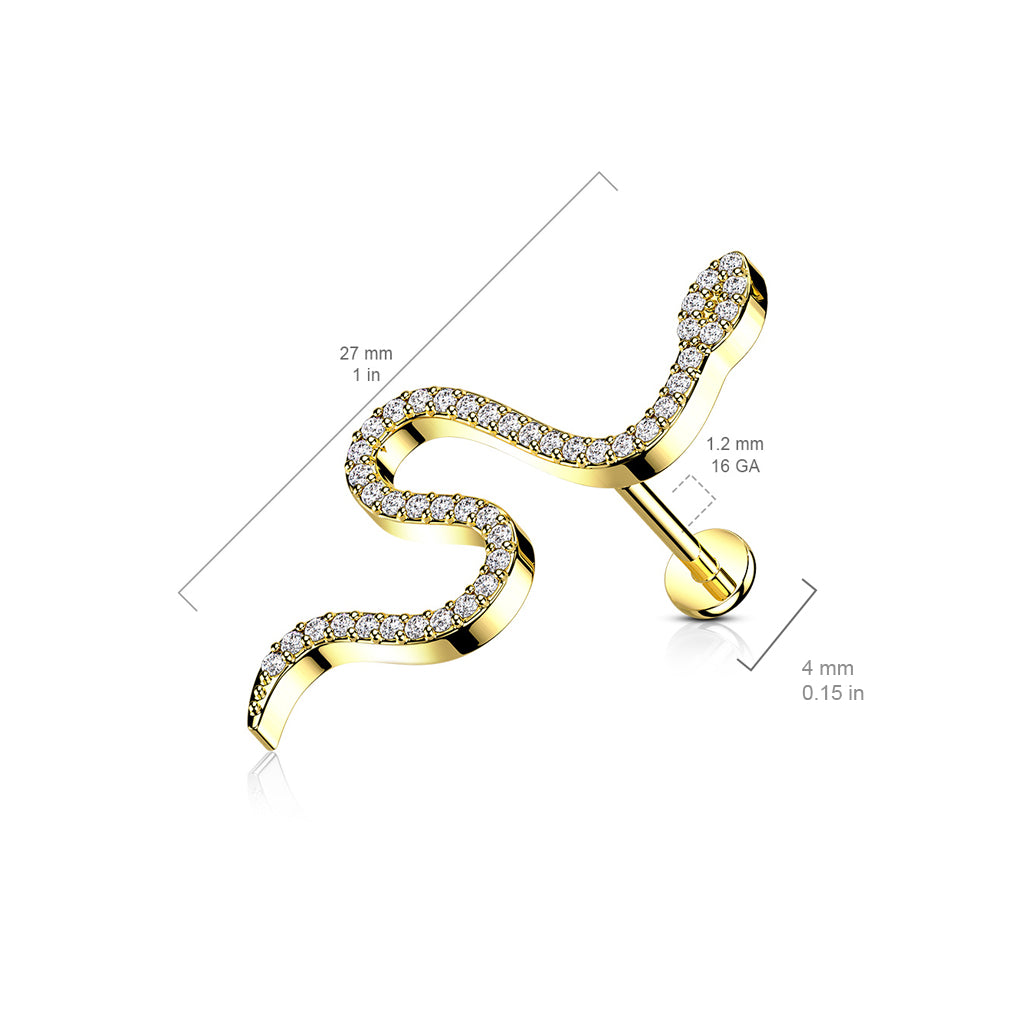 316L Internally Threaded Flat Back Labret with Pave CZ Snake Top size chart