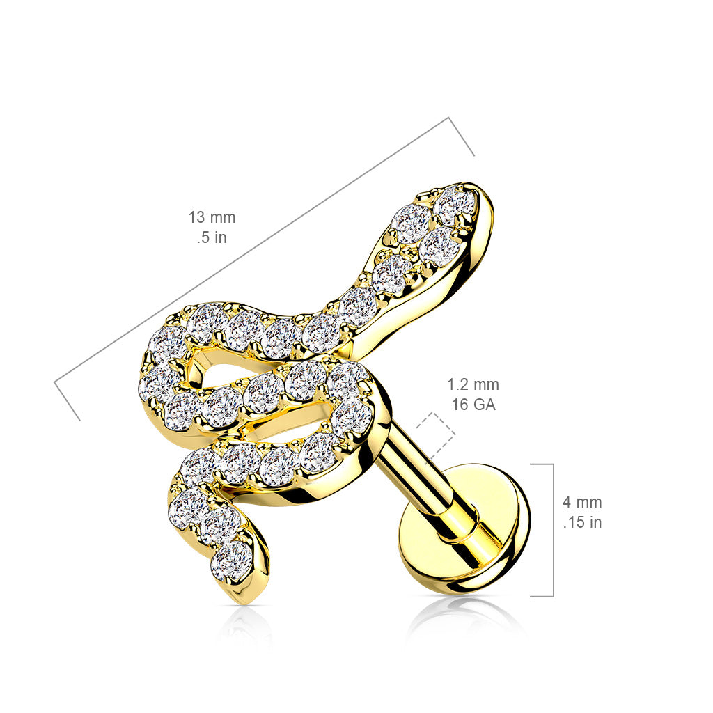 316L Internally Threaded Flat Back Labret with Pave CZ Small Snake Top size chart