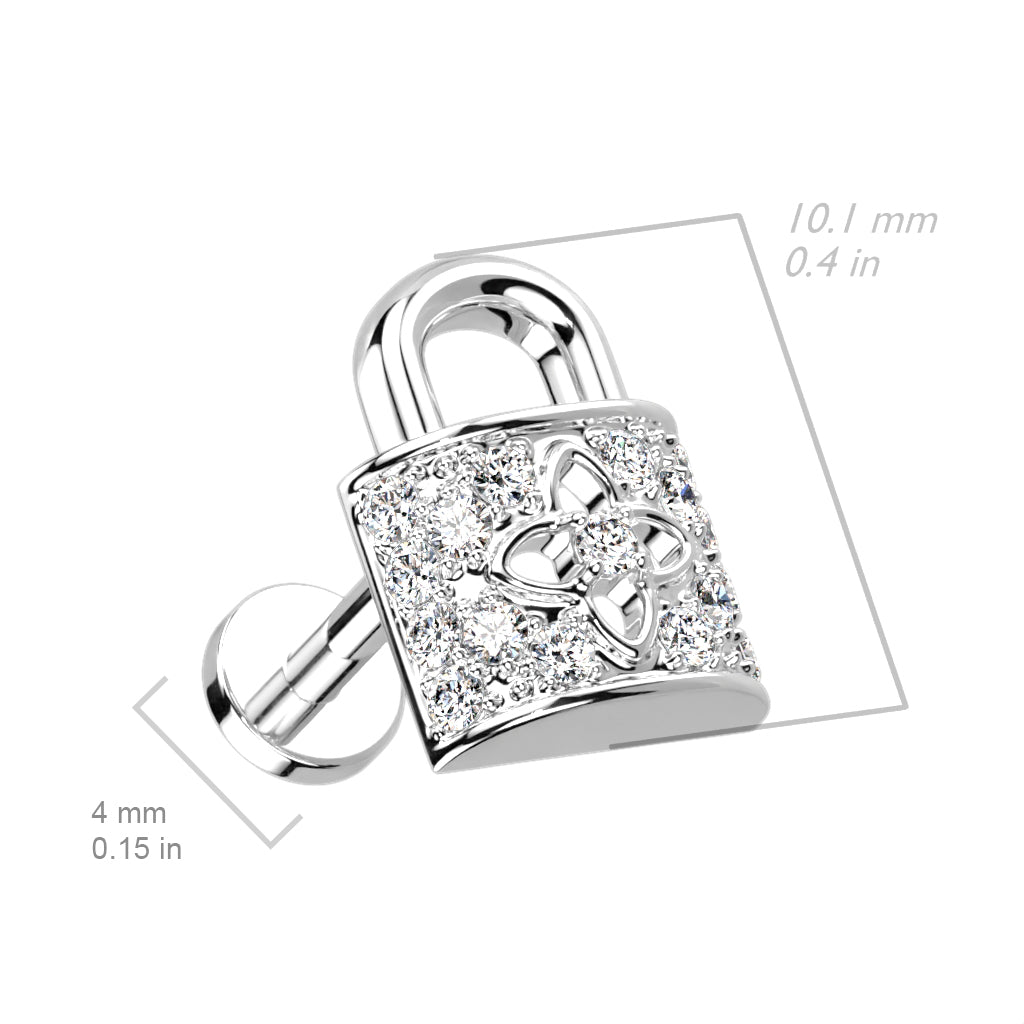 316L Internally Threaded Flat Back Labret With Pave CZ Lock Top size chart
