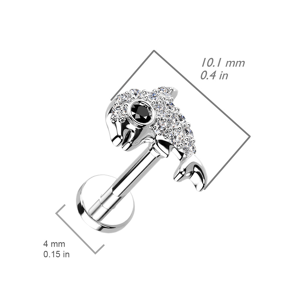 316L Internally Threaded Flat Back Stud With Pave CZ Dolphin Top size chart
