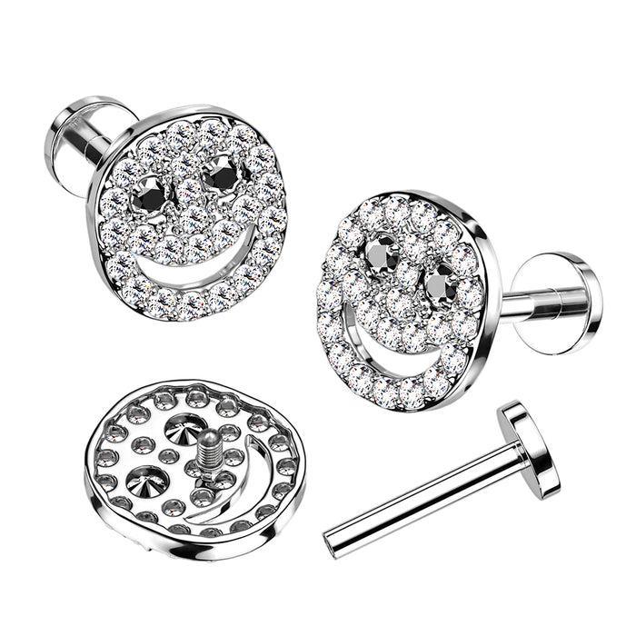 316L Internally Threaded Flat Back Labret With Pave CZ Smiley Face