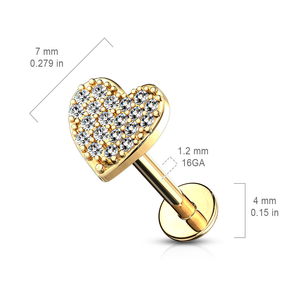 CZ Paved Curved Heart Top Internally Threaded 316L Surgical Steel Labret, Monroe, Ear Cartilage Studs Flat Back size chart