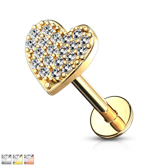 CZ Paved Curved Heart Internally Threaded 316L Steel Flat Back Labret Stud