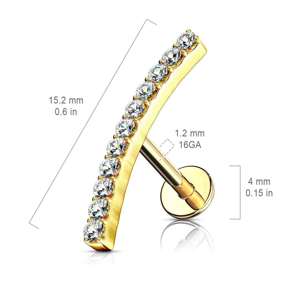 Lined CZ Curve Top 316L Surgical Steel Internally Threaded Labret, Monroe, Cartilage Studs size chart