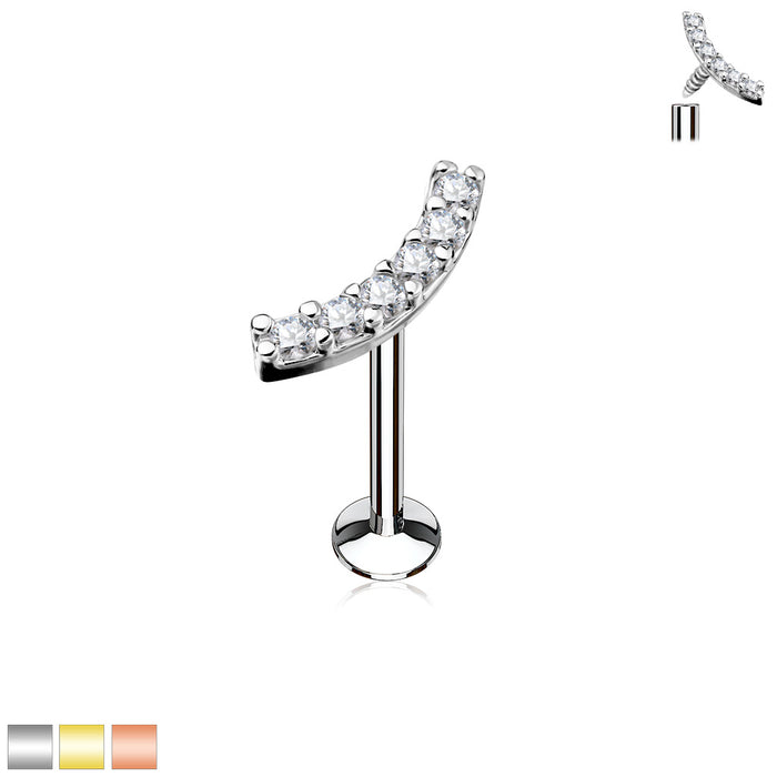 Lined CZ Curve Top Internally Threaded 316L Surgical Steel Labret Studs
