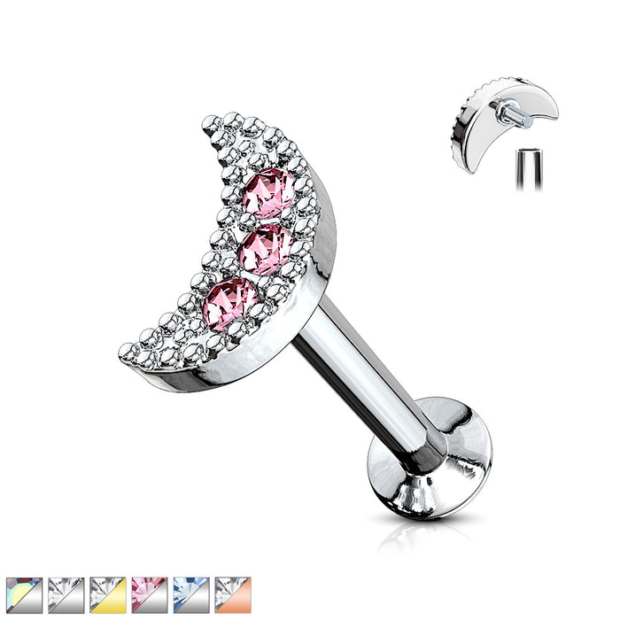 CZ Paved Crescent Top Internally Threaded 316L Surgical Steel Labret Studs