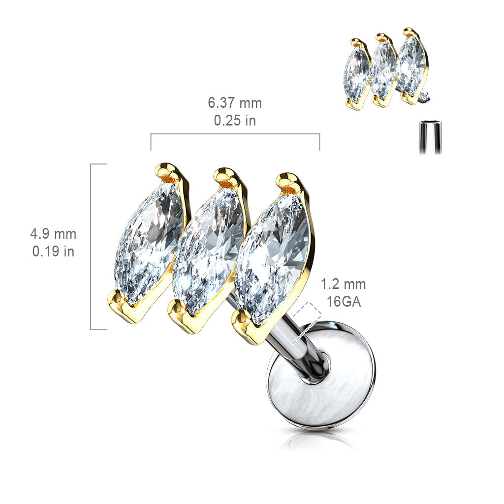 Triple Marquise CZ Prong Set Top 316L Surgical Steel Internally Threaded Labret, Monroe, Ear Cartilage Studs size chart