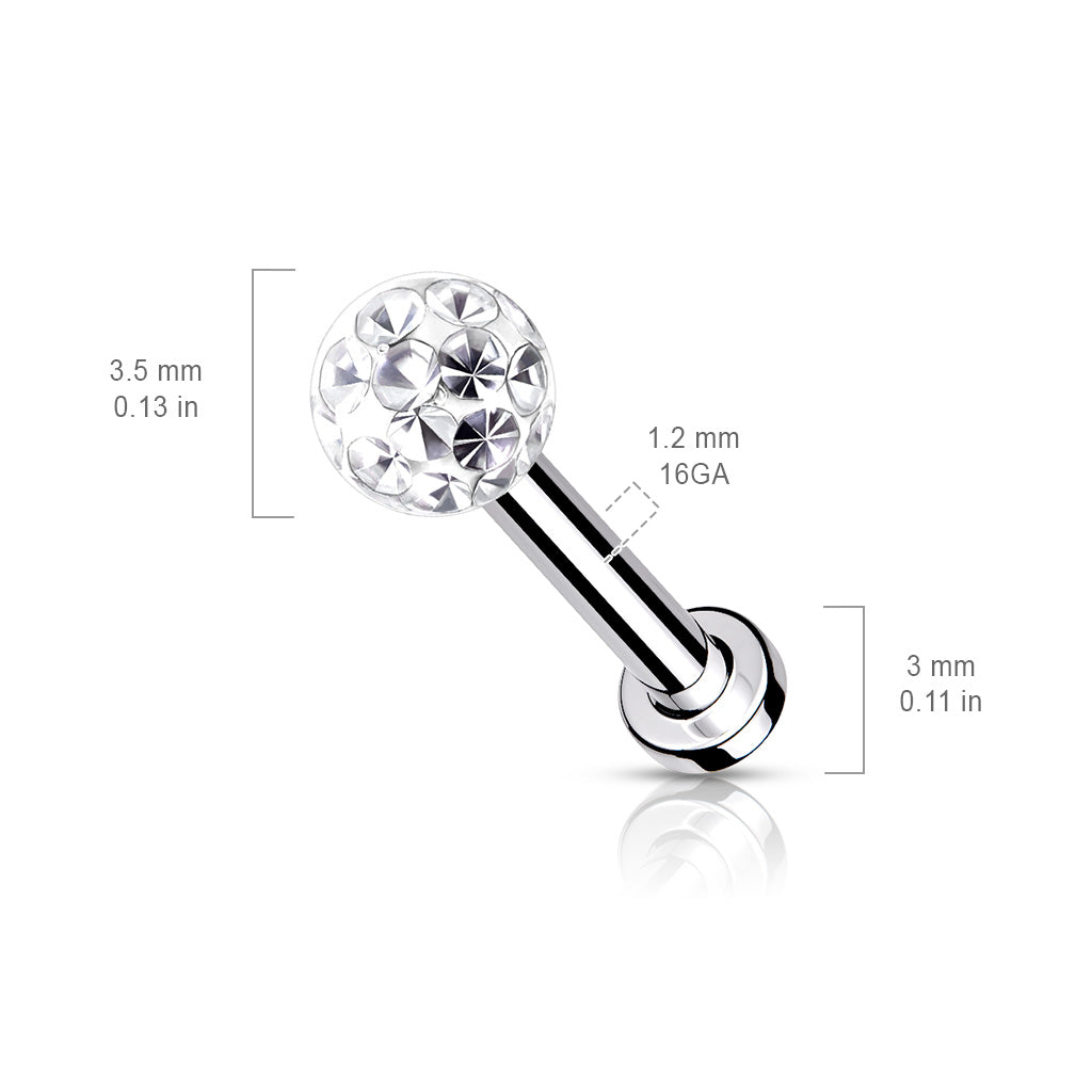 Internally Threaded 316L Surgical Steel With Epoxy Covered Crystal Paved Ball Top Flat Back Studs for Labret, Monroe, Cartilage and More size chart