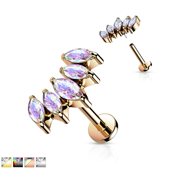 316L Internally Threaded Flat Back Stud With 5 Marquise CZ Fan, Extended Thread