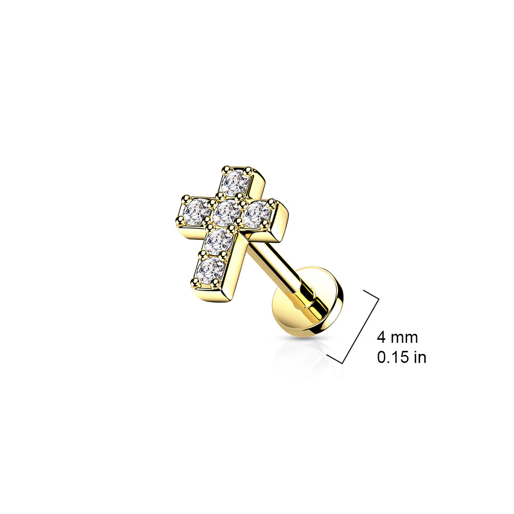 All 316L Internally Threaded Flat Back Stud With CZ Cross Top & Extended Threading size chart