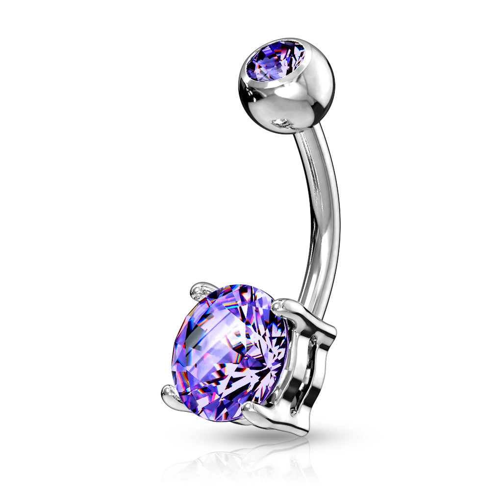316L Surgical Steel Double Gemmed Solitaire Round Cz Prong Set Belly Button Ring - Tanzanite