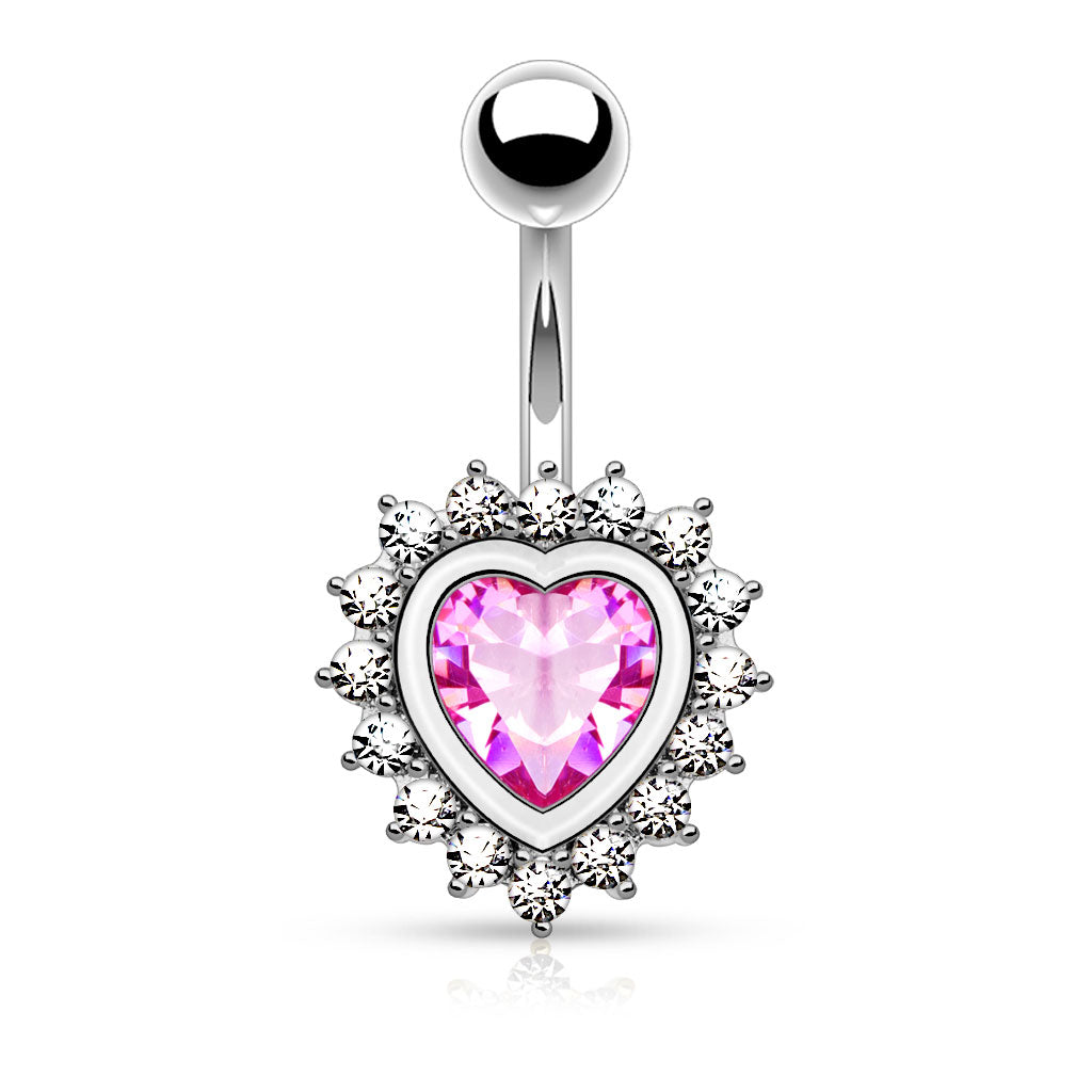 316L Surgical Steel Heart Shape Paved CZ Around Large Heart CZ Belly Button Rings - Clear/Pink